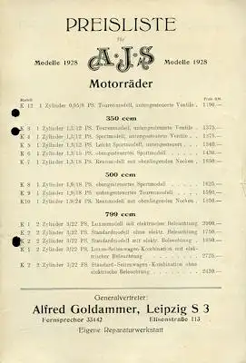 AJS Preisliste 1928