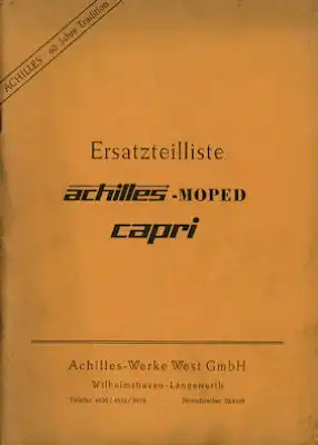 Achilles Moped Capri Ersatzteilliste-Preisliste 1952