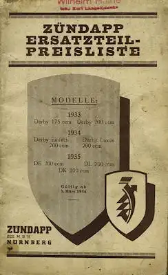 Zündapp Derby 175 200 DE DL 200 Ersatzteilliste-Preisliste 1936