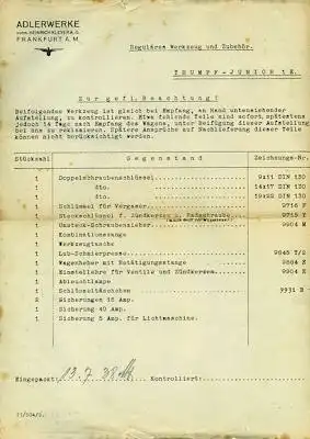 Adler Trumpf Junior Werkzeug Liste 1938