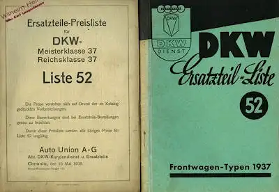 DKW Meisterklasse Reichsklasse Ersatzteilliste Nr. 52 1937 / 6.1942