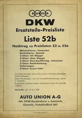 DKW Ersatzteil-Preisliste Nr. 52b 1939