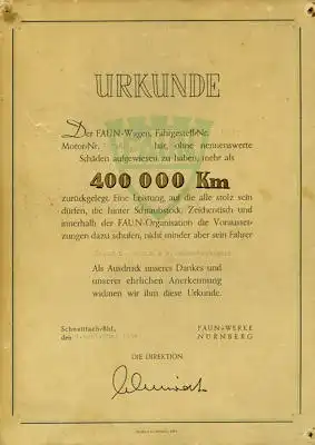 2 Faun Urkunden 400000 + 500000 km 1954/55
