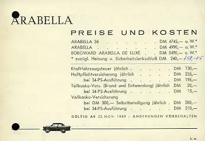 Borgward Arabella Preisliste 1961
