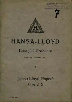 Hansa-Lloyd Lkw Express Typ L 2 Ersatzteil-Preisliste 1929