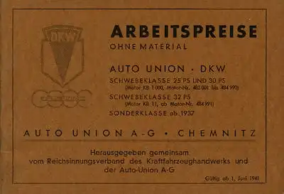 DKW Schwebeklasse Sonderklasse Arbeitspreise 1937-1941