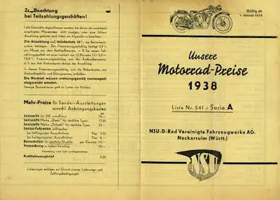 Unsere Preise NSU Serie A 1.1.1938