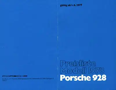 Porsche 928 Preisliste 1978