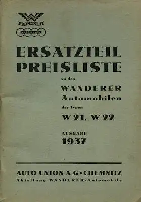 Wanderer W 21 22 Ersatzteil-Preisliste 1937