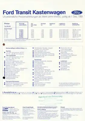 Ford Transit Kastenwagen Preisliste 1982