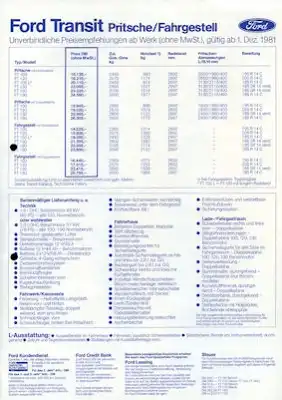 Ford Transit Pritsche / Fahrgestell Preisliste 1982