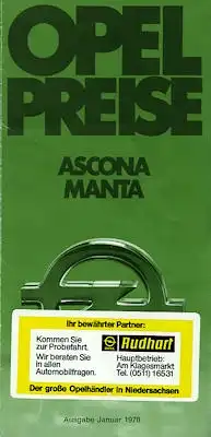 Opel Ascona Manta Preisliste 1.1978