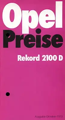 Opel Rekord D 2100 D Preisliste 10.1972