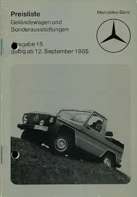 Mercedes-Benz Preisliste G und Sonderausstattung 9.1985
