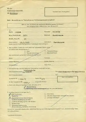VW Formular Anmeldung zur Teilnahme am VW-Sparervergleich 1963