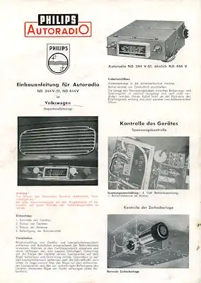VW / Philips Autoradio Einbauanleitung ND 344 V-01 / ND 444 V ca. 1955