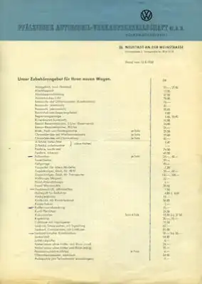 VW Käfer Zubehör-Preisliste 8.1958