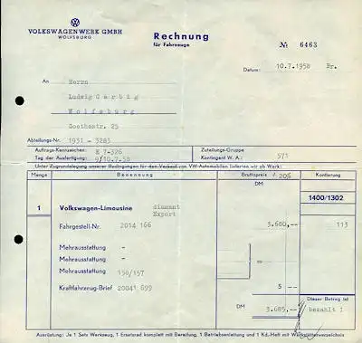 VW Käfer Kaufvertrag 7.1958