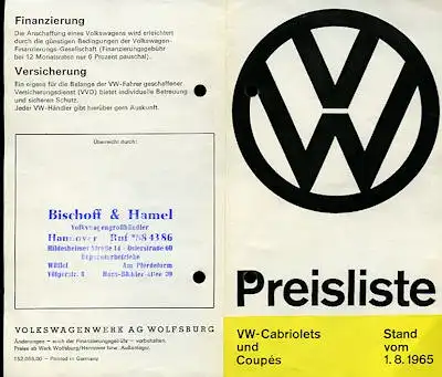 VW Käfer Cabriolet + Karmann Ghia Preisliste 8.1965