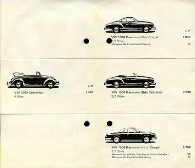 VW Käfer Cabriolet + Karmann Ghia Preisliste 8.1965