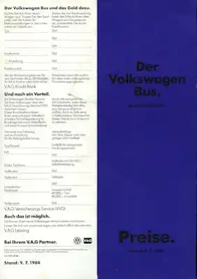 VW T 3 Bus Preisliste 7.1984