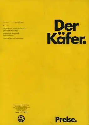 VW Käfer Preisliste 8.1971
