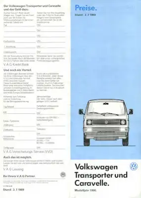 VW T 3 Transporter und Caravelle Preisliste 7.1989