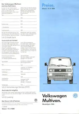 VW T 3 Multivan Preisliste 9.1989