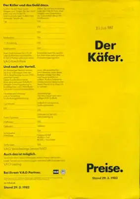 VW Käfer Preisliste 3.1982