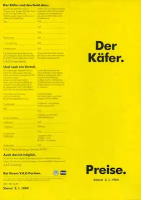 VW Käfer Preisliste 1.1984