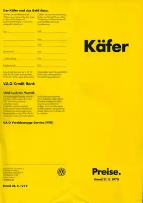 VW Käfer Preisliste 8.1978