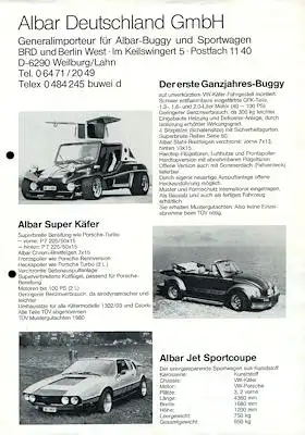 VW / Albar Superkäfer / Buggy / Jet Sportcoupé Prospekt 1970/80er Jahre