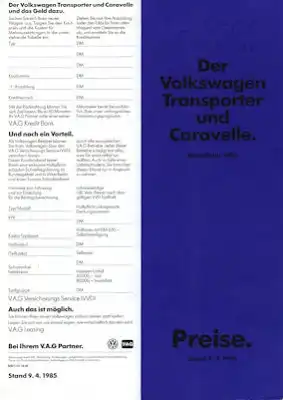 VW T 3 Transporter / Caravelle Preisliste 4.1985