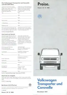 VW T 3 Transporter und Caravelle Preisliste 12.1986