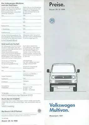 VW T 3 Multivan Preisliste 12.1986