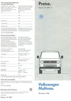 VW T 3 Multivan Preisliste 8.1987