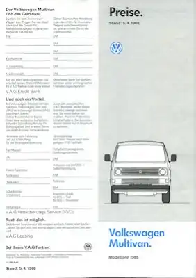 VW T 3 Multivan Preisliste 4.1988