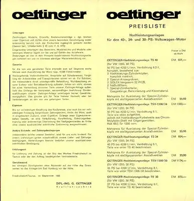 VW Oettinger / Okrasa Preisliste 9.1965