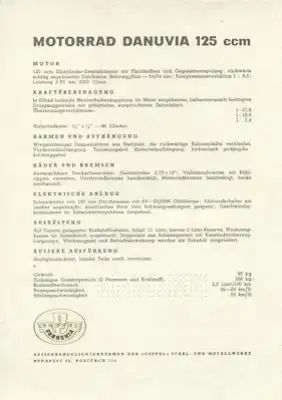 Pannonia Danuvia 125 ccm Prospekt 1960er Jahre