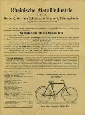 Rheinische Metallindustrie / Berlin Fahrrad Prospekt 1912