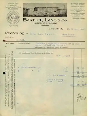 Balaco Laternenfabrik / Chemnitz Brief 1931