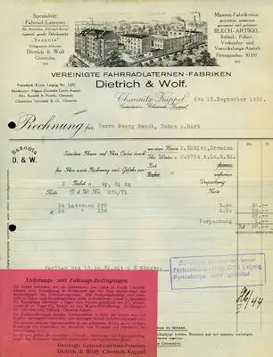 Dietrich & Wolf Laternenfabrik / Chemnitz Brief 1930er Jahre