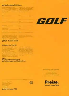 VW Golf 1 Preisliste 8.1976