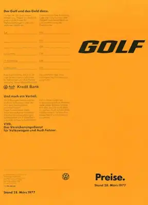 VW Golf 1 Preisliste 3.1977