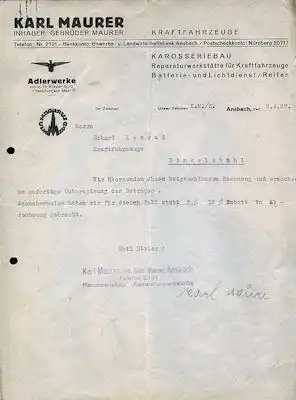 Adler / Fa. Maurer, Ansbach Brief 1937