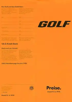 VW Golf 1 Preisliste 8.1978