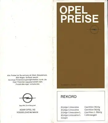 Opel Rekord C Preisliste 1.1967