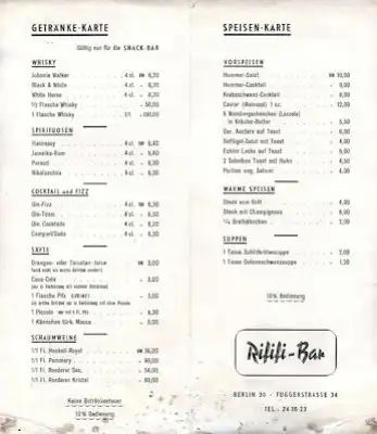 Programm / Speise- und Getränkekarte Rififi-Bar 1962-1963
