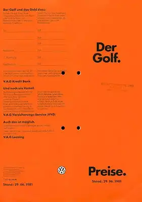 VW Golf 1 Preisliste 6.1981
