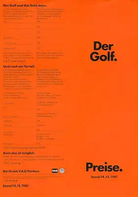 VW Golf 1 Preisliste 12.1981